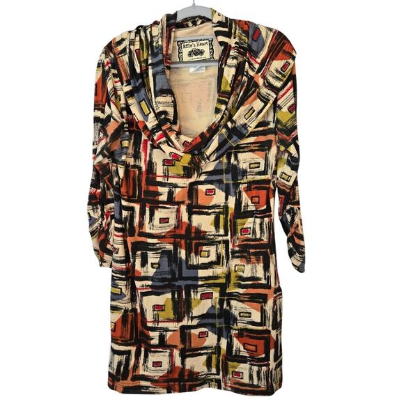 EFFIE'S HEART Julliard Cowl Neck 3/4 Sleeve Stretchy Abstract Tunic Large Artsy - Picture 1 of 11